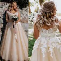 Customized Plus Size V Neck Applique Cap Sleeve Elegant A-line Wedding Dresses Lace Up Champagne Bridal Dress Vestido De Novia