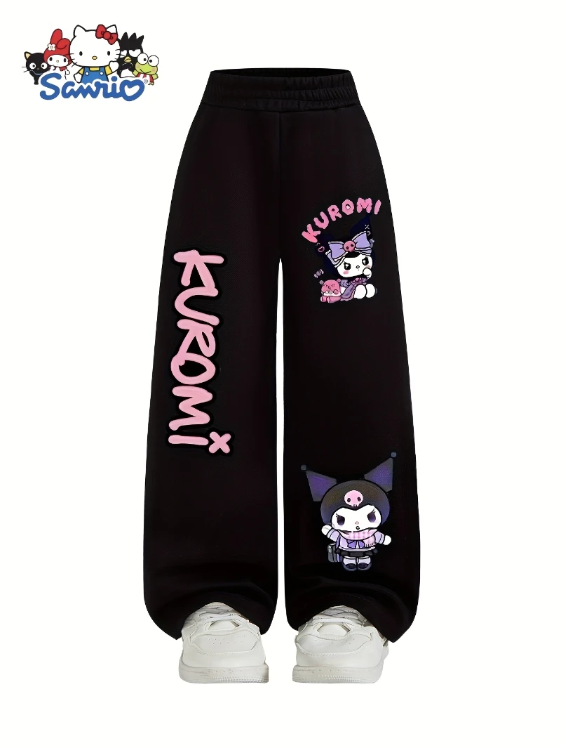 

Sanrio for Kuromi Pattern, Girls' Casual Pants, Loose Straight Leg Cartoon Design, Comfortable Fabric, Elastic Waistband
