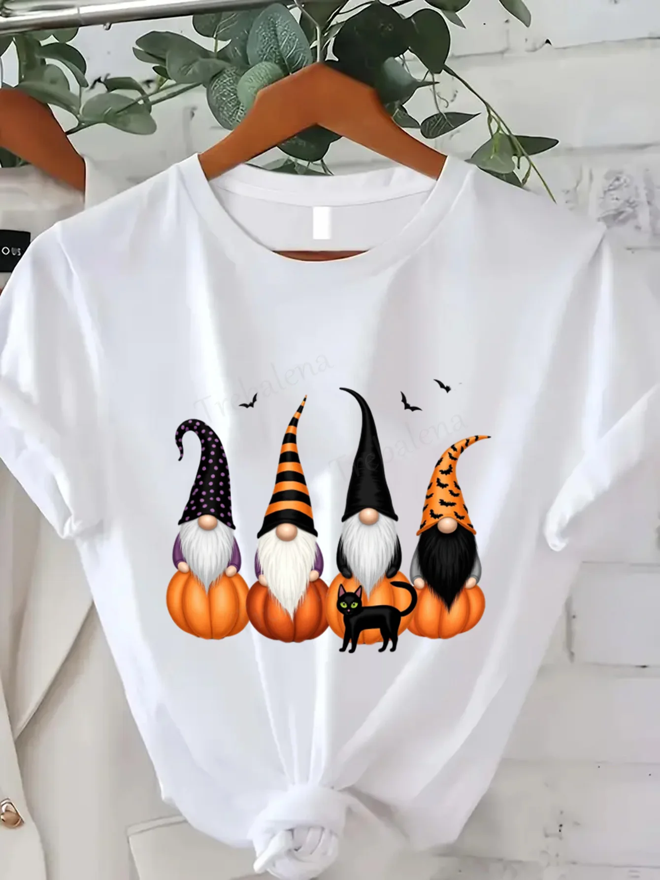Round Neck T-shirt Halloween Gnomes Pumpkin Cat T-Shirt Women's Plus Size Funny Fall Top Short Sleeve Tee Fashion Casual Top