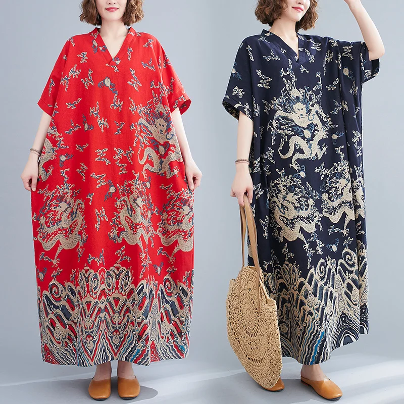 Vestido Midi de lino y aodón de talla ande con cuello en V por encima de la rodilla, vestido estampado hoado para mujer...
