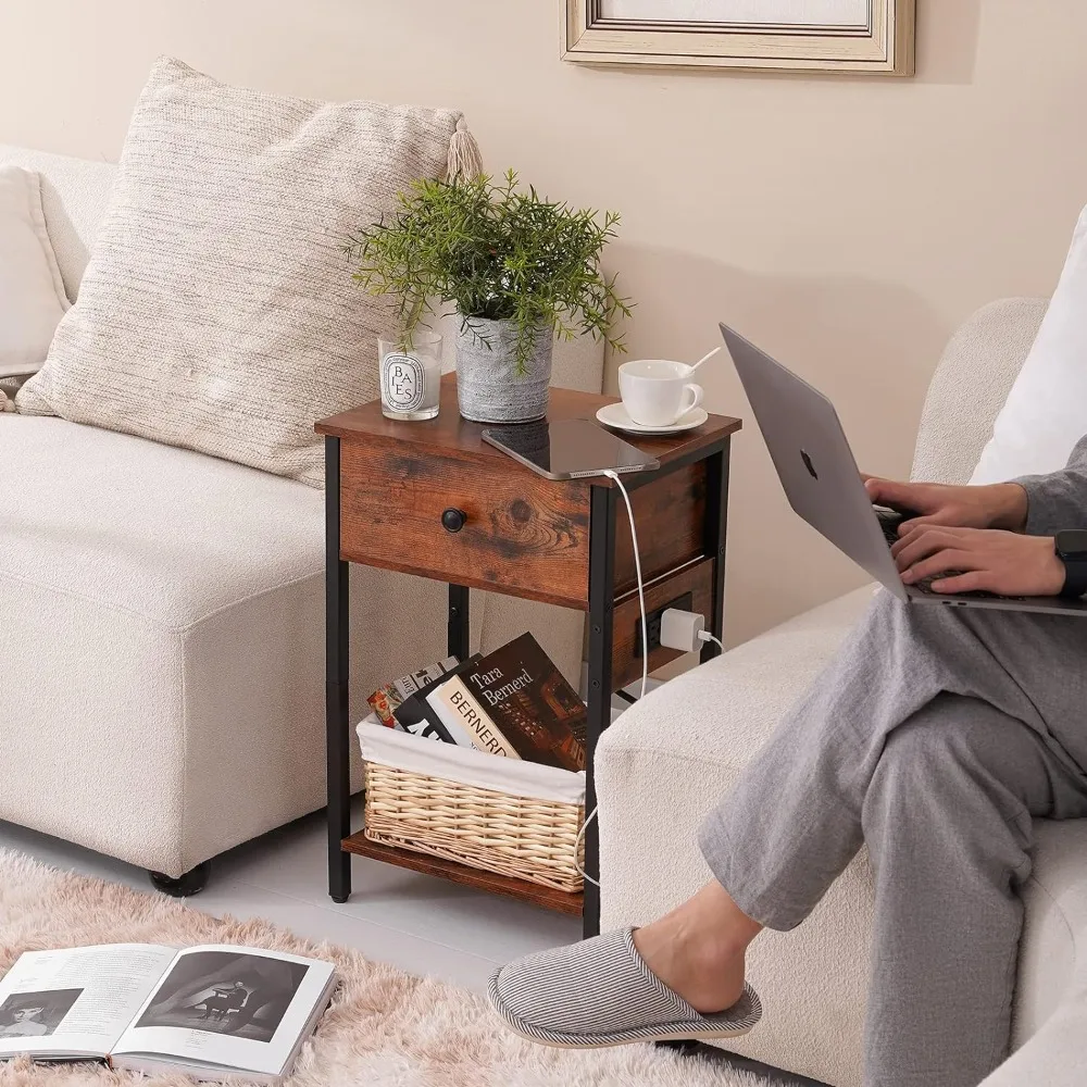 Nightstand with Charging Station, Side Table End Table with Large Drawer and Storage Shelf, Bed Side Table