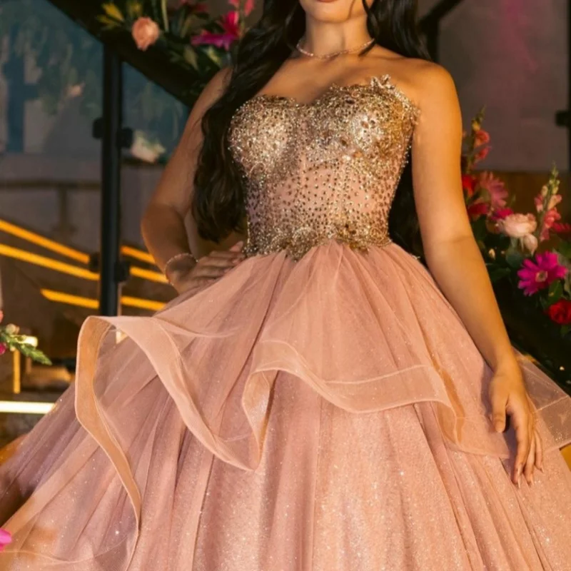 Champagne Quinceanera robe cristal paillettes décalcomanie dentelle superposition longue queue robes De 15 Quinceanera ﻿ Personnaliser