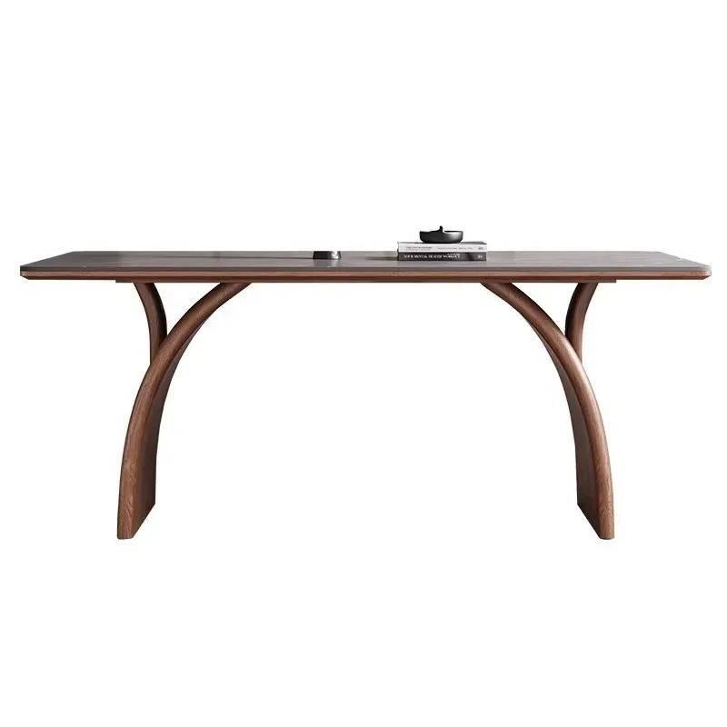 

Mid-Century Modern Rectangular Dining Table, Sintered Stone Surface With Sculptural Wood Base, Stylish 6-Person Dinner Table