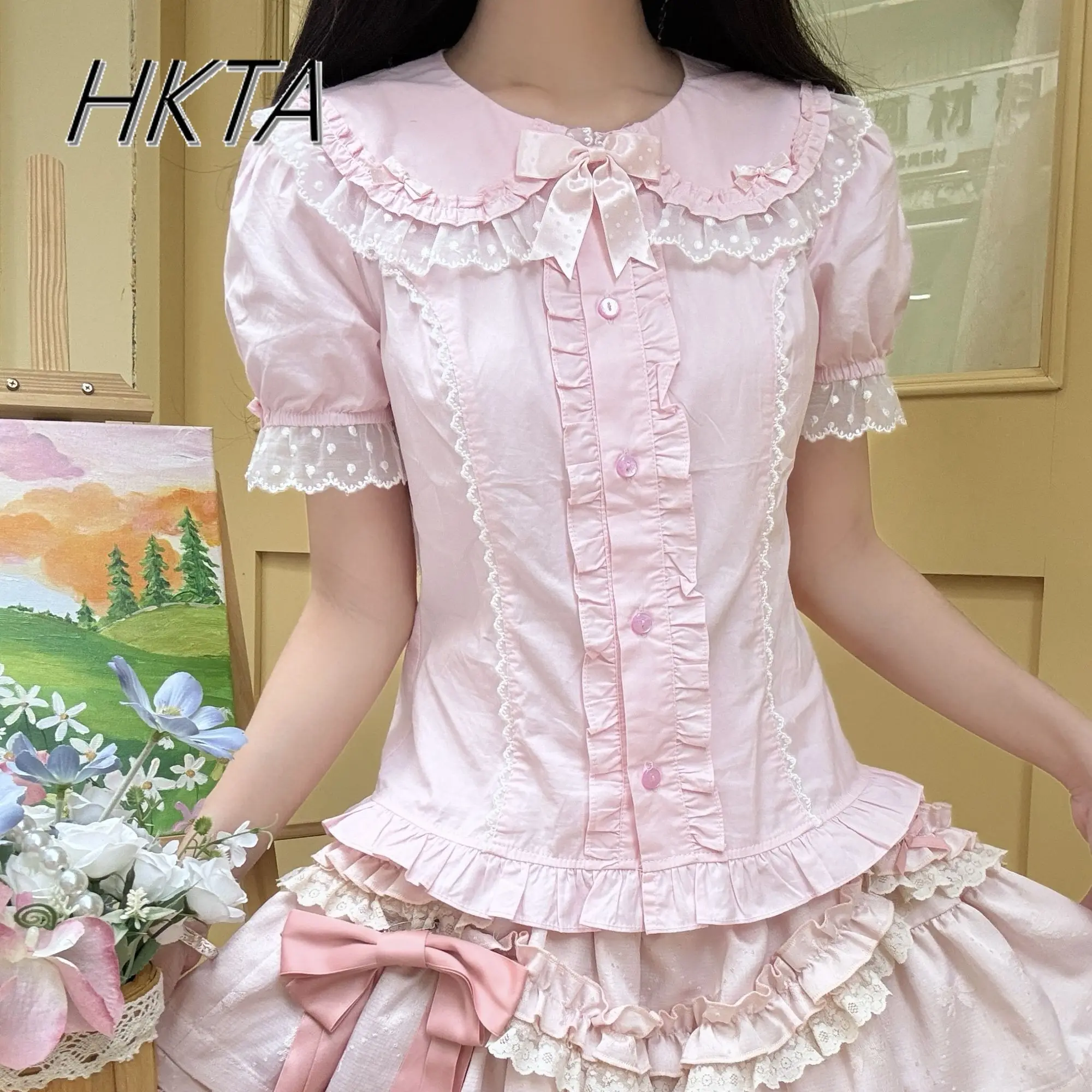 Sweet Cute Bubble Short Sleeve Doll Collar Lolita Versatile Blouse Women Top Kawaii Bow Pleated Pink Blusas Inside Tops Female