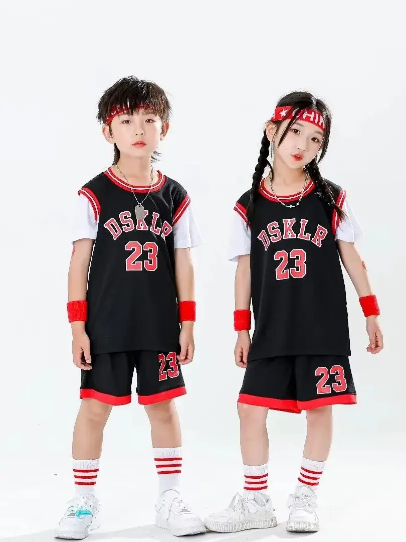 NEW 23/24 boys and girls Basketball Jerseys Fake two-piece children's uniform kit primary  trainingNew bull short sleeve bl