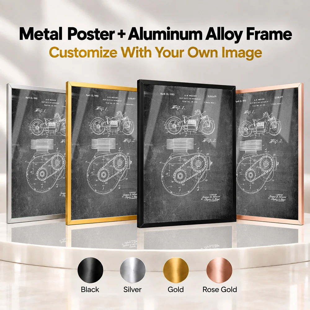 Motorcycle Patent Diagram Framed Metal Poster Personalized Vintage Annotated Mechanical Drawing Wall Art For Garage Biker Gift