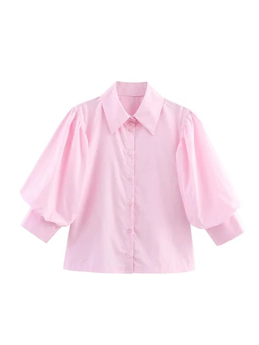 Imagen 2 del producto TFMLN-Blusa de manga corta abombada para mujer, camisa holgada informal con solapa y una botonadura, Tops elegantes para oficina, viajero de verano