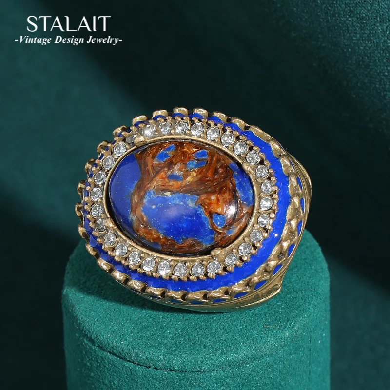 

Vintage Jewellery Natural Stone Oval Blue Rings Gold Color For Woman Large Lapis Lazuli Rhinestones Accessories Antique Retro