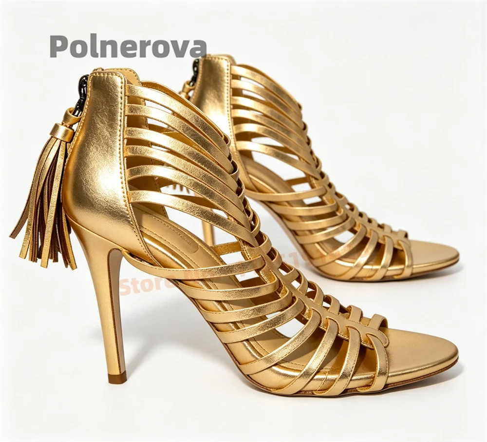 Cutout Roman High Heel Tassel Sandals for Women Round Toe Narrow Band Back Zipper Stiletto Ladies Party Dress Summer Shoes