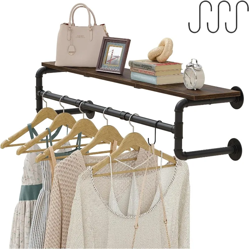 

Industrial Pipe Clothes Rack with Top Shelf and 3 Hooks, 41''L Wall Mounted Garment Rack, Heavy Duty Iron Garment Bar