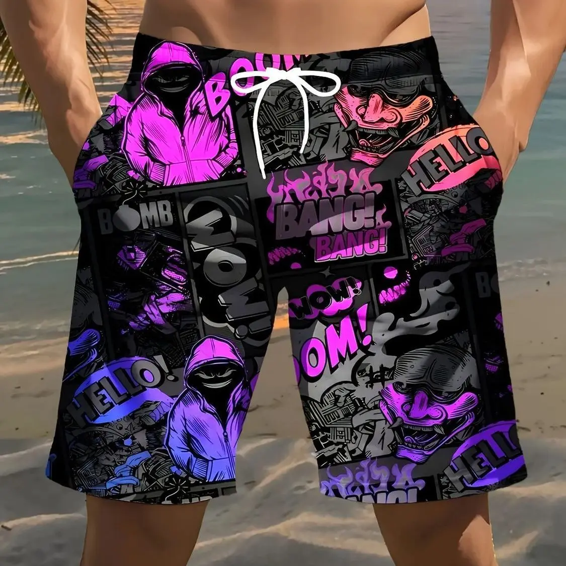 

Men Loose Cartoon Summer Shorts Casual 3D Printed Beach Sports Wear