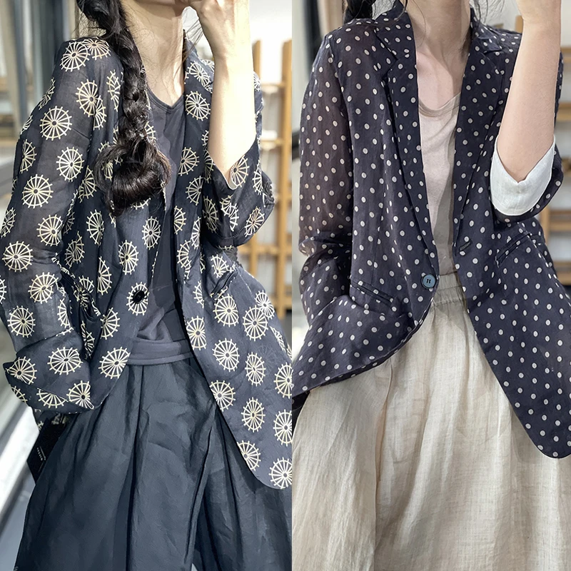 

Retro Cotton Linen Suit Jaet Women Summer Loose Casual Lightweight Sun Protection Top One Button Long Sve Regular Length