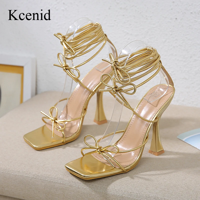 Kcenid Narrow Band Open Toe Stiletto Summer Fashion Ankle Cross Lace Up High Heels Gladiator Sandals Women Bowknot Wedding Shoes