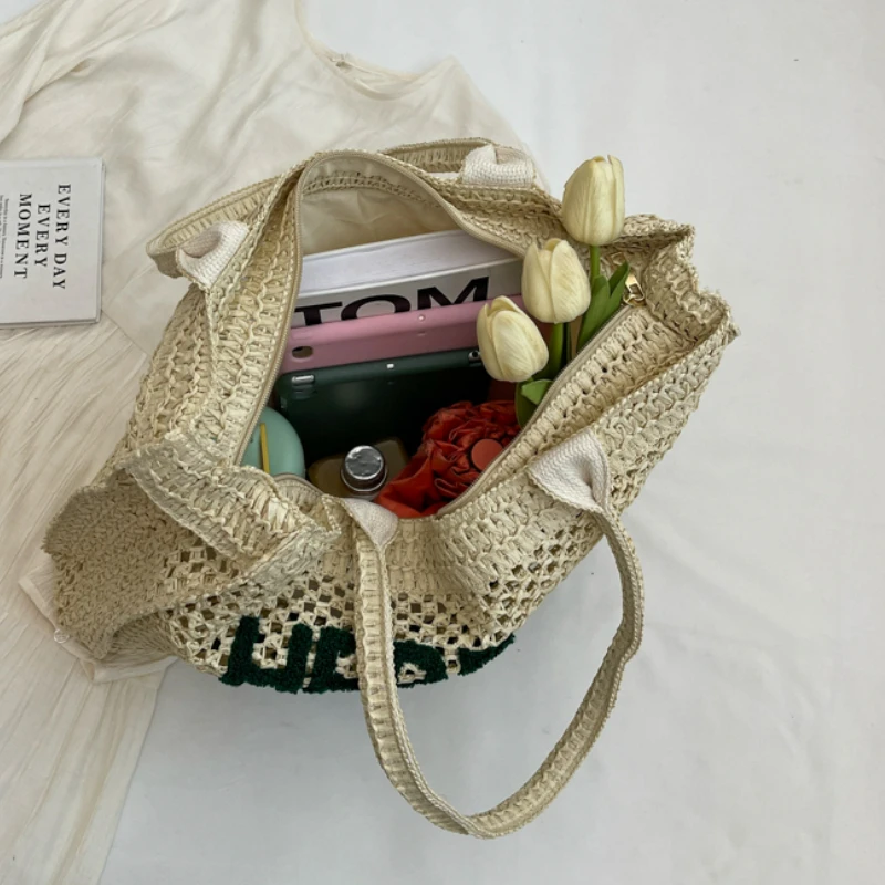 Summer Crochet Tote Bag Women Large Capacity Straw Braid Shoulder Bag Portable Beach Letter Handwoven Handbags Casual Bags