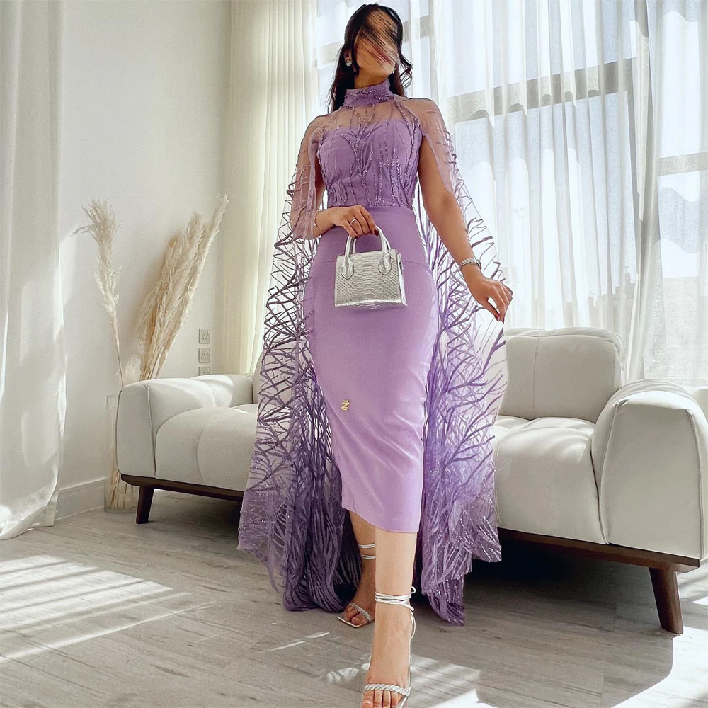 Tarot Dubai Purple Satin Sheath Evening Dresses High Neck With Lace Jacket Prom Gowns Tea-Length Elegant Party Dress For Women