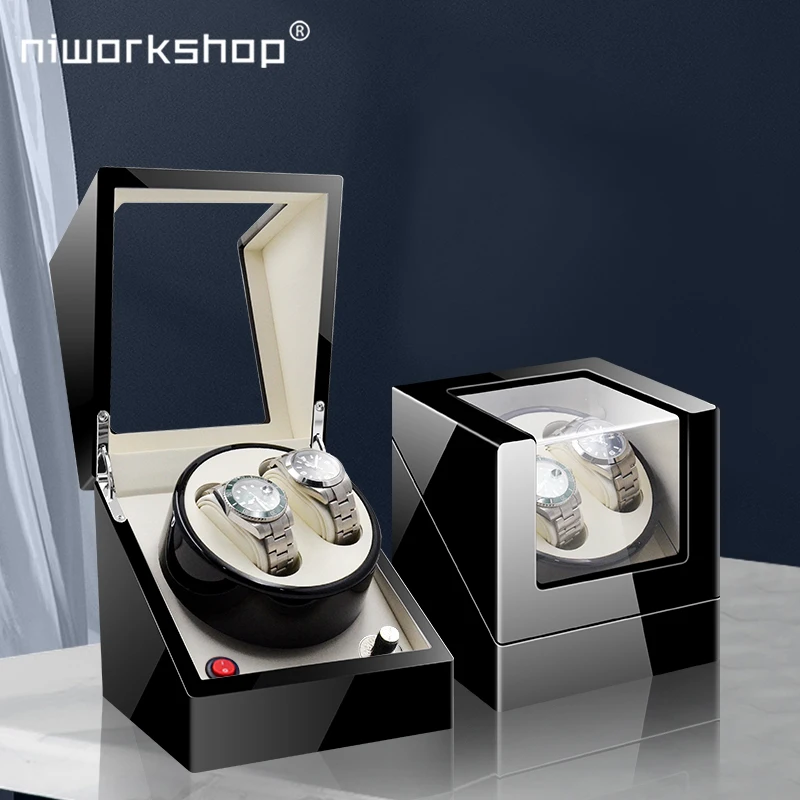 1pc Niworkshop Double Watch Winder for Automatic Watches ,2 Slots Watch Storage Case, Wood Shell Piano Finish Watch box, Silent