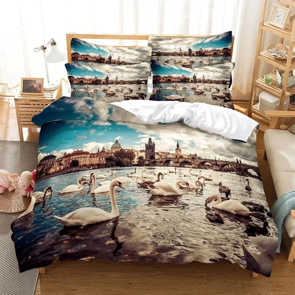 Juego de ropa de cama digital 3D White Swan, ropa de cama para el hogar, funda de edredón Super King, funda de almohada, edredón, textiles, juego de ropa de cama