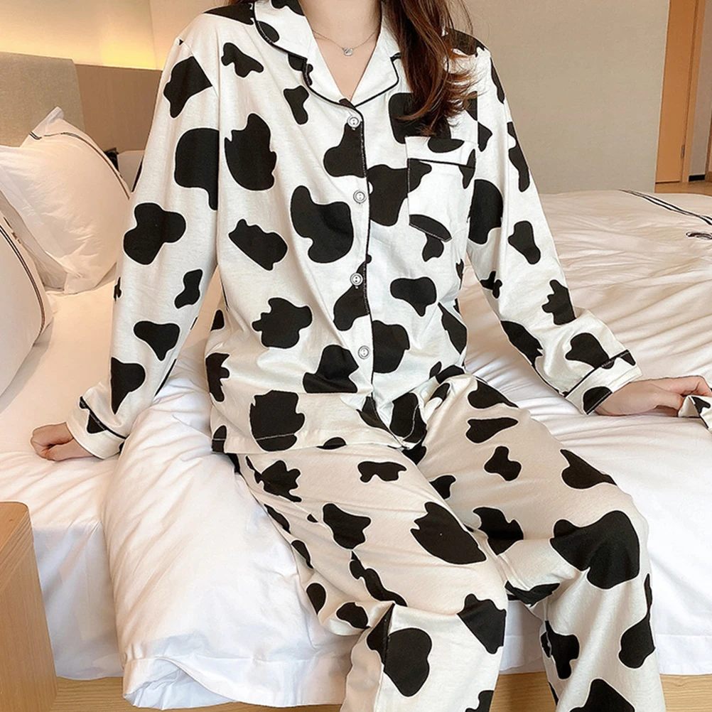 

Cow Pajama Set Women Long Sleeve Sleepwear Nightgown Cow Print Winter Use Christmas Gift Ladies Pyjamas