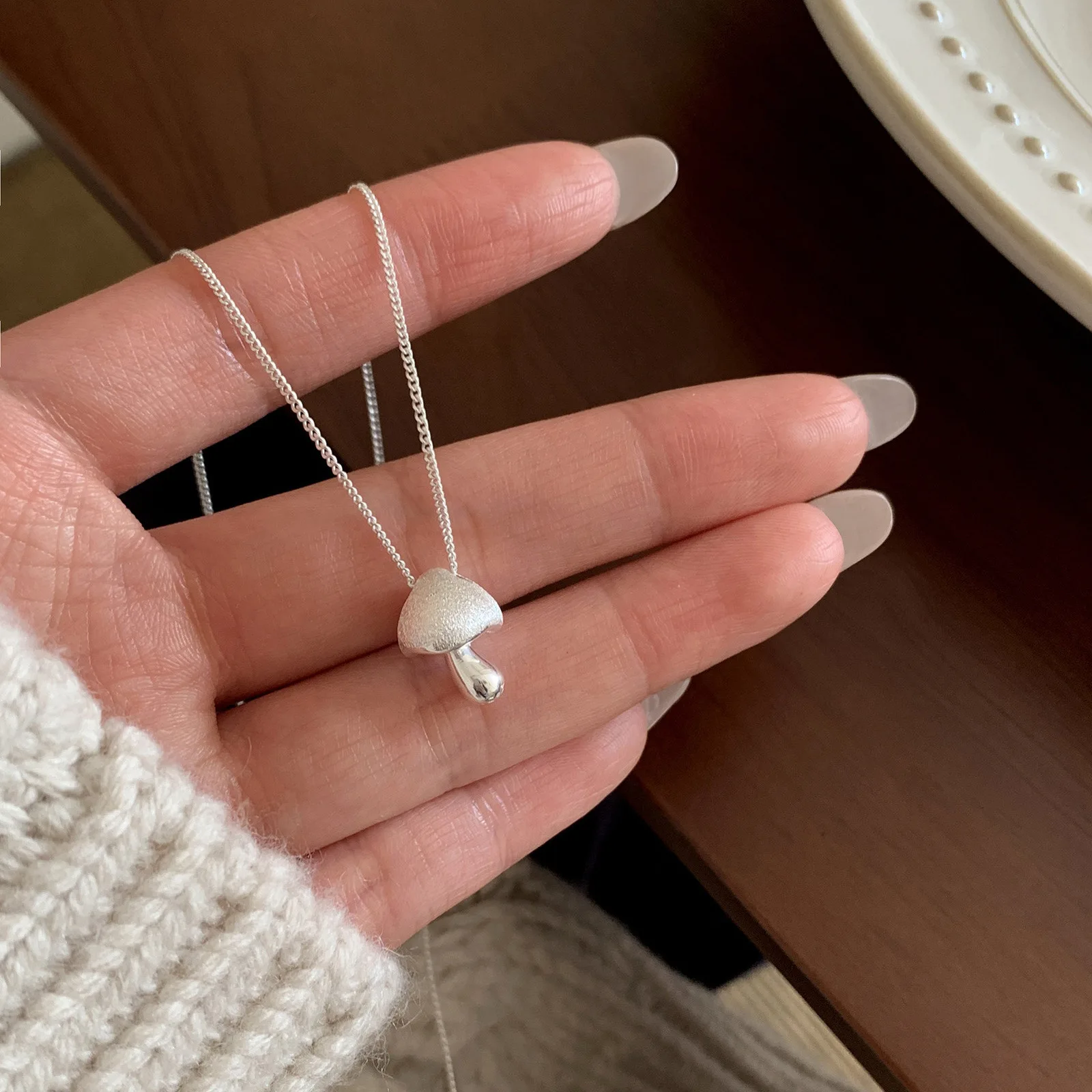 PANJBJ 925 Sterling Silver Irregular Mushroom Necklace for Women Plant Design Creativity Trend Frosted Jewelry Gift Dropshipping