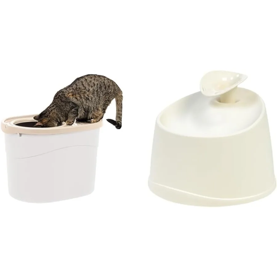 

USA Large Top Entry Cat Litter Box with Lid and Scoop + 44oz Automatic Pet Water Fountain with Dual Flow Options Silent Operati