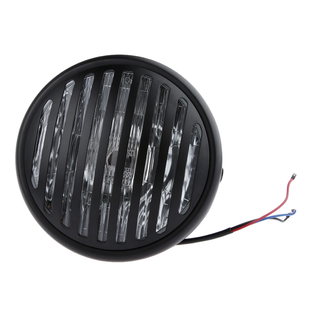 Motorcycle Headlight LED Round 7 Inch Vintage Finned Grill Housing Matte Black with H4 Bulb for Cafe Racer Chopper Cruiser Build