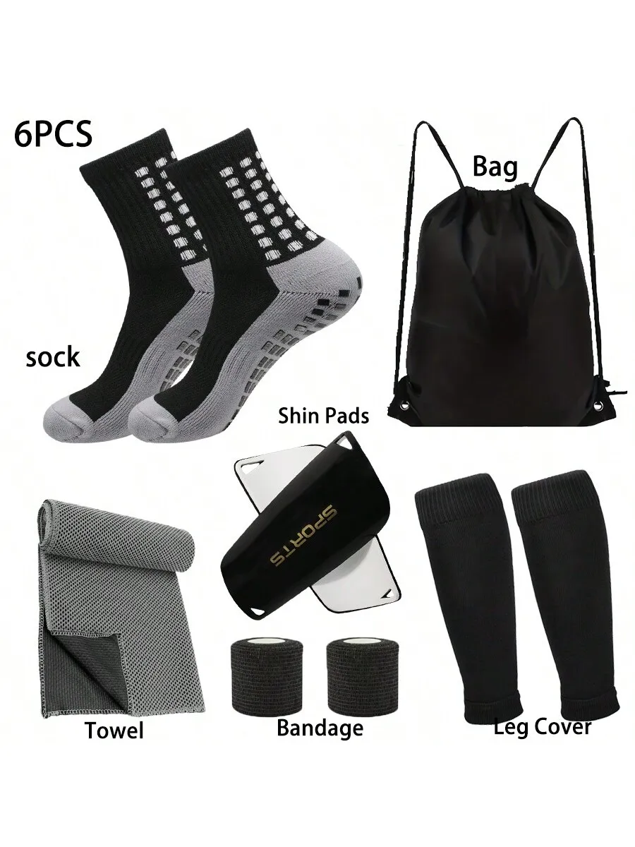 

6-piece football accessory combination, consisting of socks, backpack, sock covers, leg guards, bandages, and cold towels