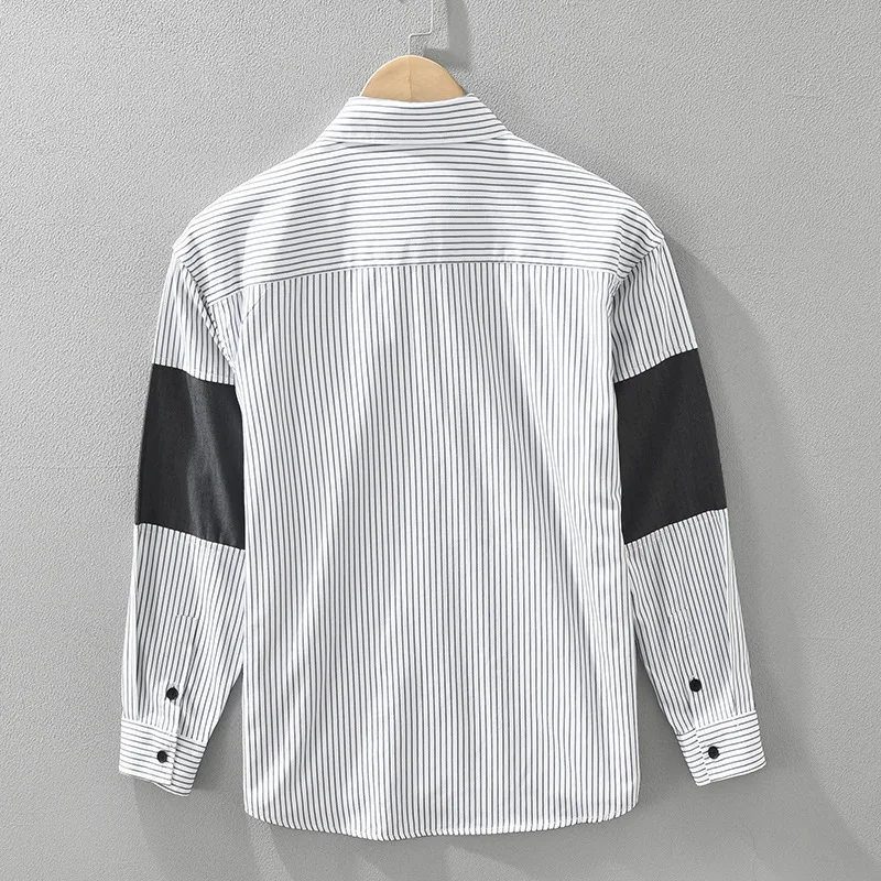 Japanese Style Artistic Striped Long Sleeve Shirt for Men Versatile Patchwork Casual Embroidery Loose Fit Men's Wear Cityboys