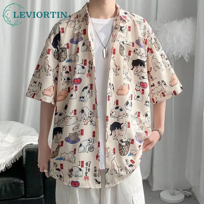 

Summer Streetwear Mens Loose Personalized Print Graffiti Short Sleeve Shirt Harajuku HipHop BF Style Versatile Aloha Tops Shirts