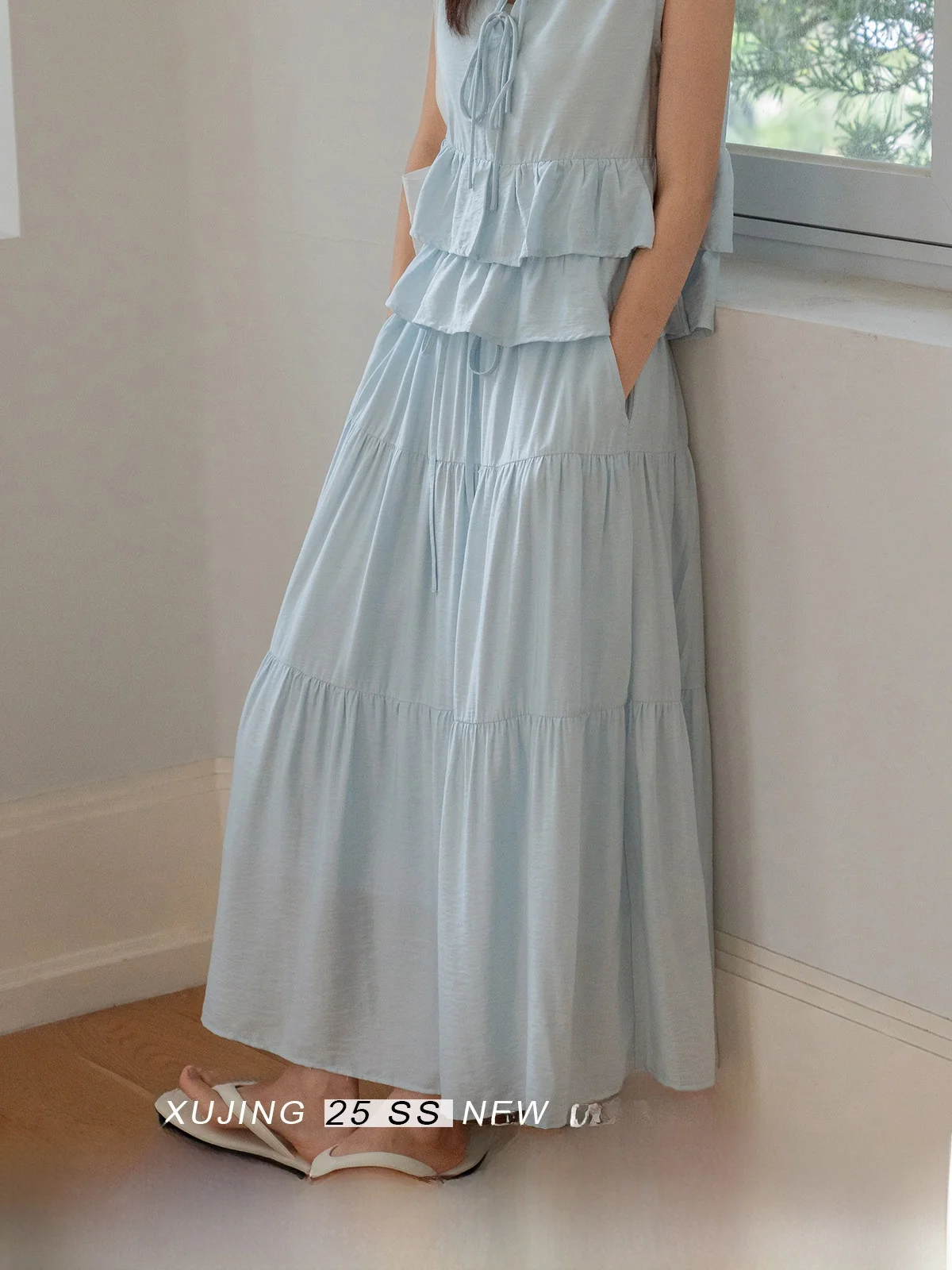 

Синяя женская летняя юбка А-силуэта с завышенной талией, длинная, в стиле французского кэжуал, новая модель