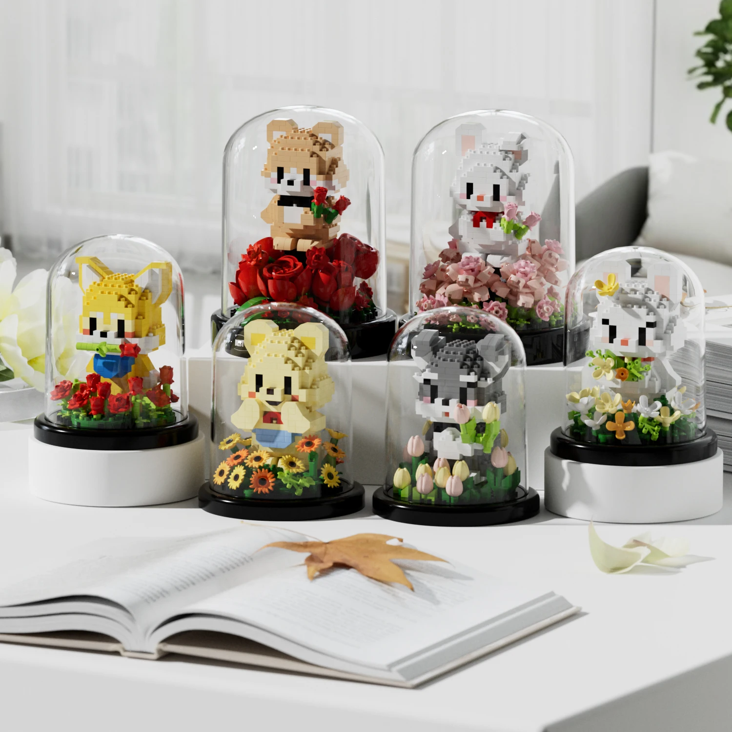 Cute dog eternal bouquet building blocks flower model home desk plant decoration assembled educational toys children's gifts