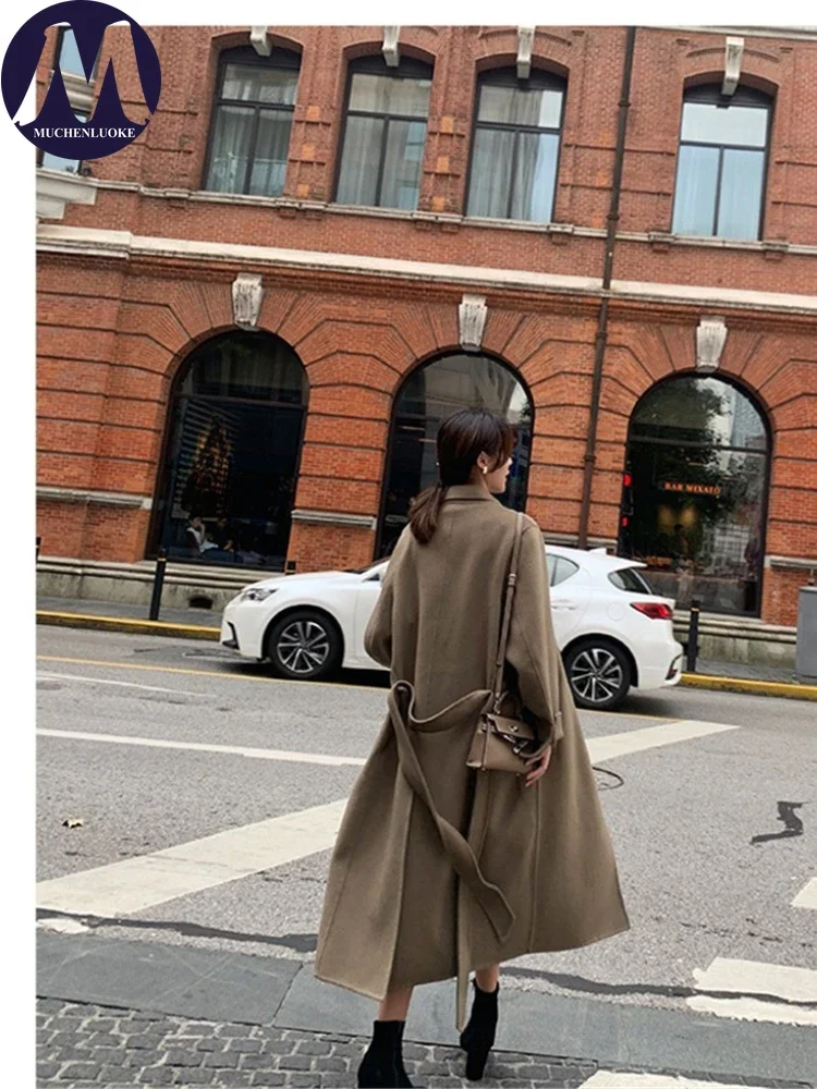 Women\'s Long Wool Blends Coat Elegant Temperament Lace Up Coats Casual Fashion Loose Autumn Winter New