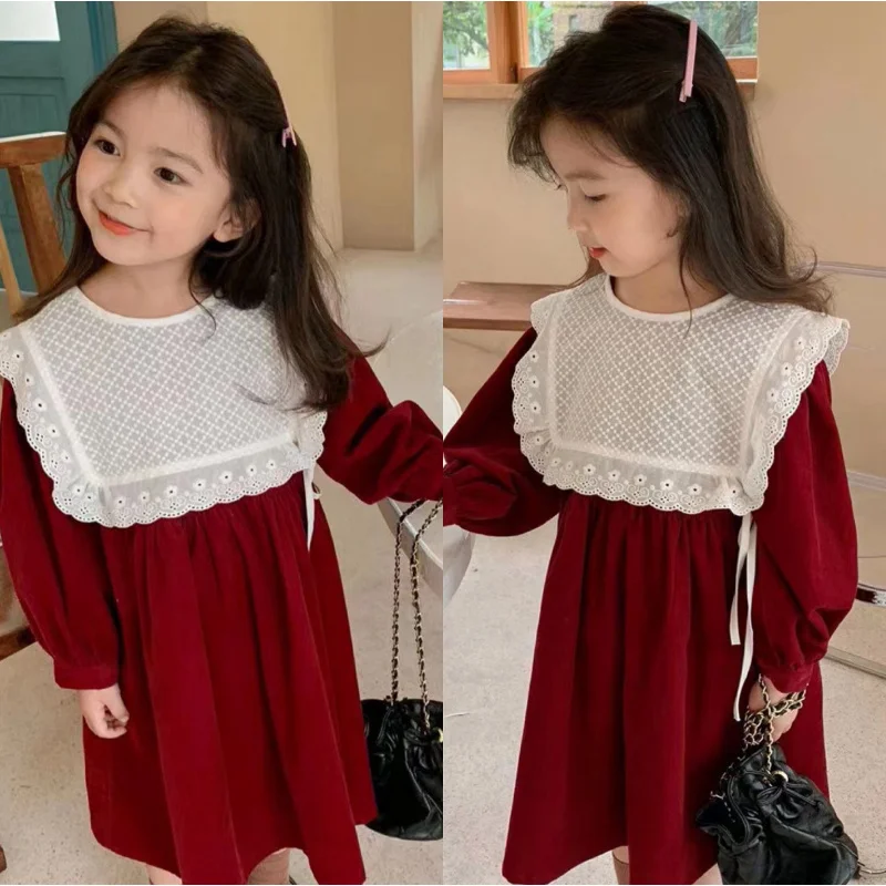 Hnq-Children's Dress Autumn Girls' Sweet Long Sleeve Princess Dress Children Shirt3-8Children's Clothing One Piece Dropshipping