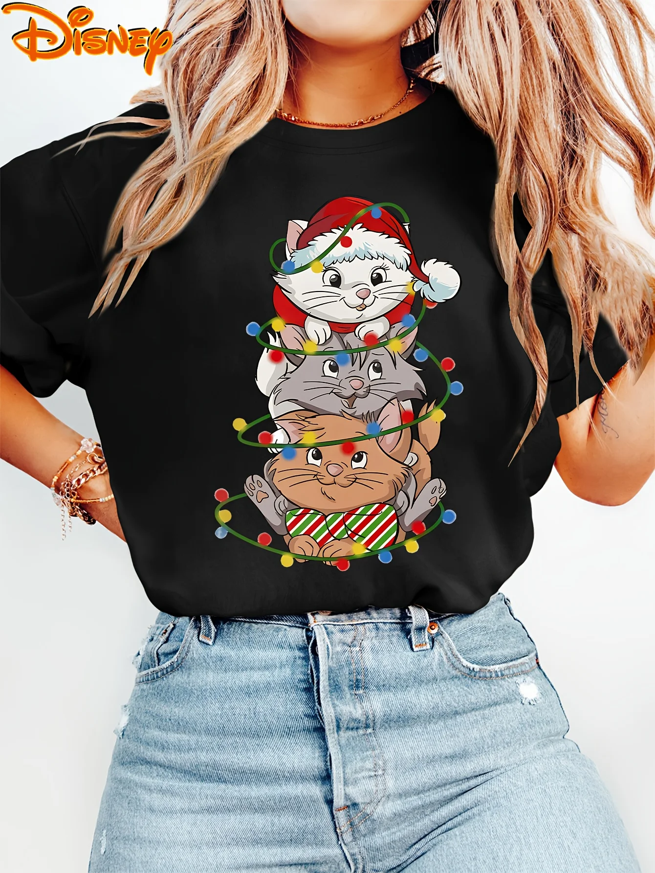 Disney Christmas Aristogatti Marie Cat Luci impilabili T Shirt Vintage Donna Uomo T-shirt in cotone O-Collo