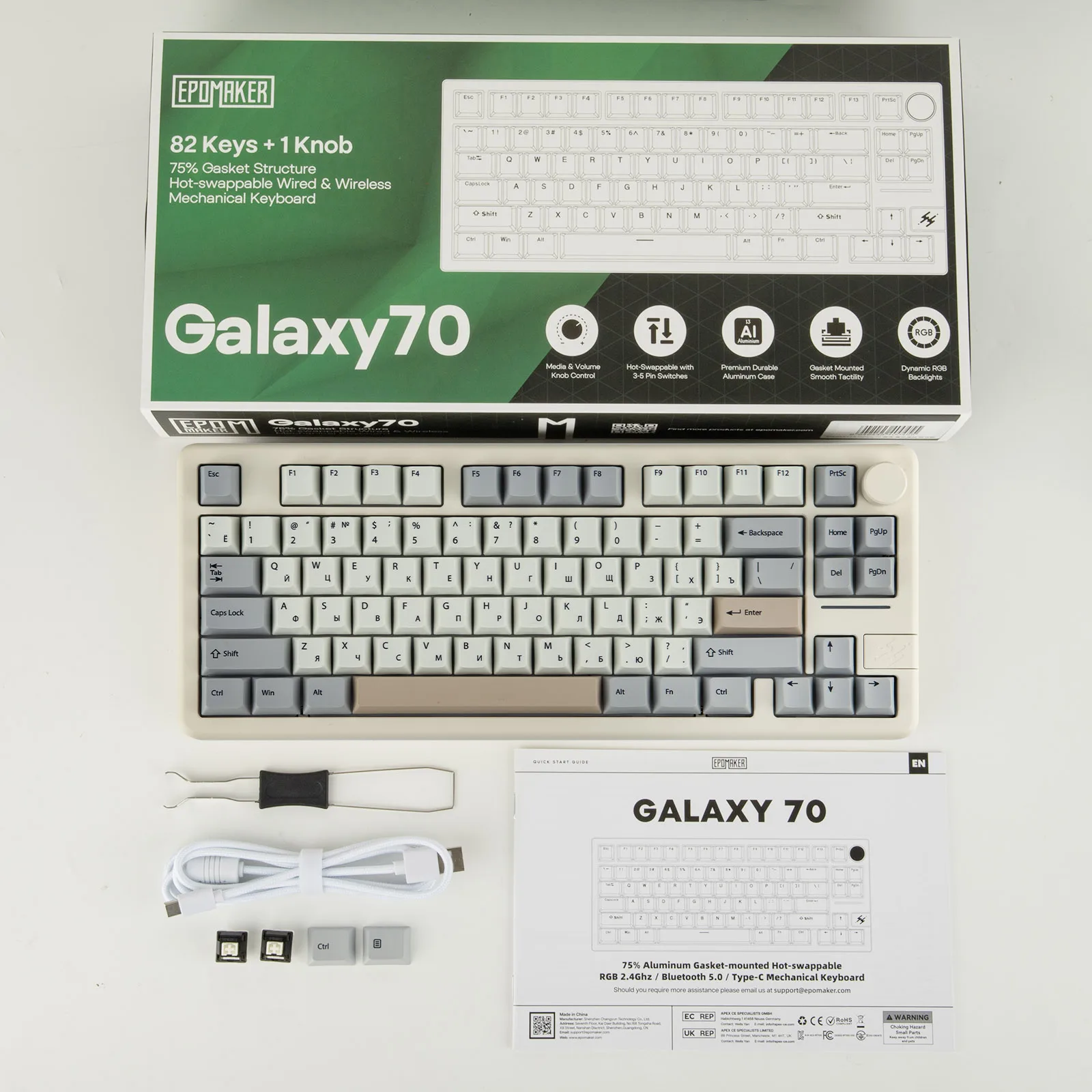 EPOMAKER Galaxy 70 versión rusa 75% diseño junta intercambiable en caliente con cable/Bluetooth/2,4G Teclado mecánico inalámbrico de aluminio 4000mAh