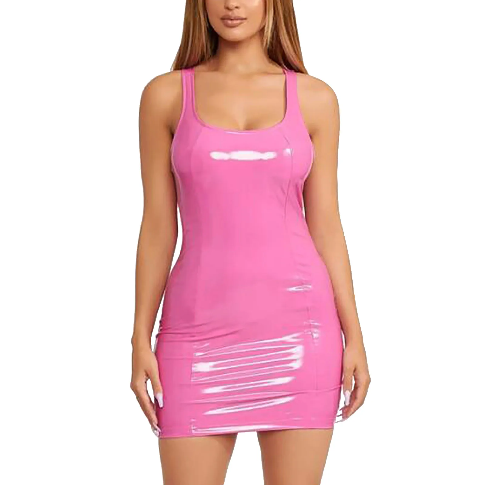 Multicolour Sexy Pink PU Leather Bodycon Party Club Dresses Vestido Women Sleeveless Low Cut Back Zipper Elastic Mini Dress