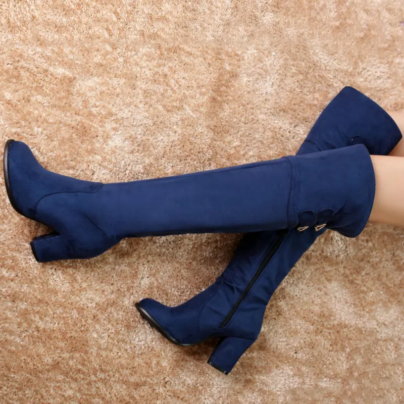 

Extra Big Size 33-54 Faux Suede Navy Blue Black Color Women Winter Fall Shoes Over-the-knee Boots Block High Heels Overknees