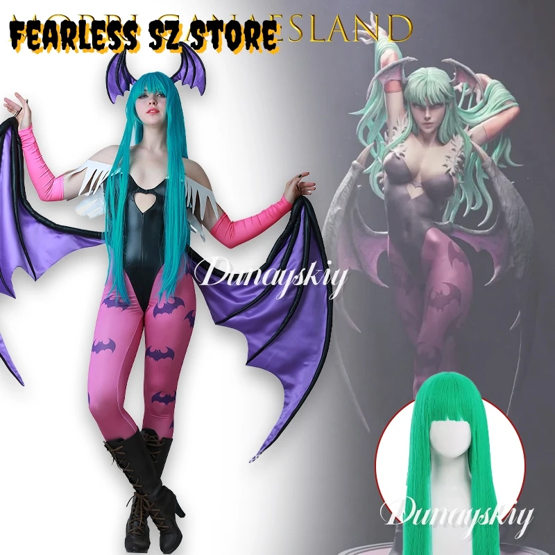 أزياء Miccos Game Tumes النسائية على شكل قلب مجوف من Morrigan أزياء تنكرية مع أجنحة وسراويل ضيقة Darkstalkers Succubus disfraz mujer
