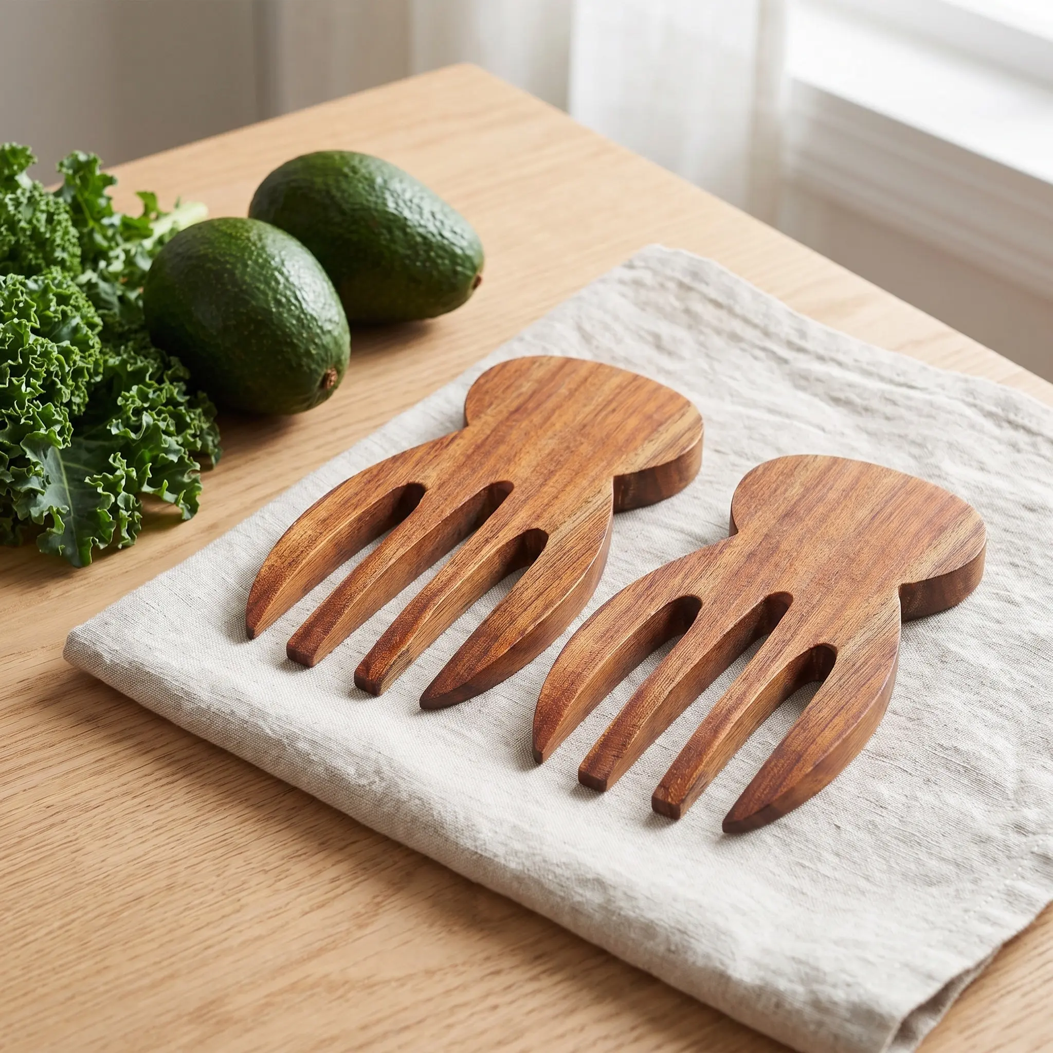 2Pcs Wood Salad Hands Natural Wood Grain Salad Servers Fork Spoon Serving Tongs Toss Cooking Utensils