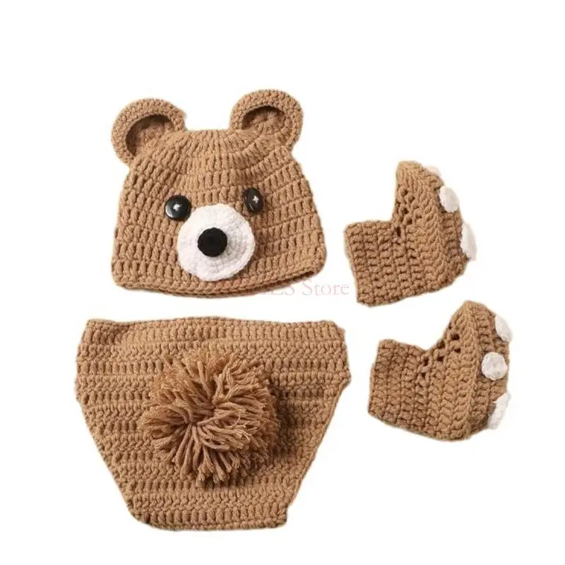 

Adorable Cartoon Bear Hat and Matching Pants & Knitting Shoes Set Perfect Photography Attire for Newborns Photoshoots