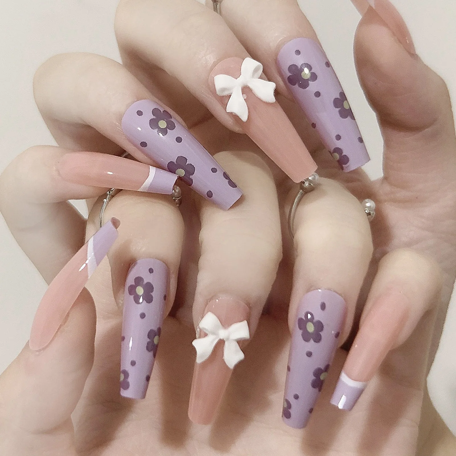 Purple Flower Long Ballerina Nails Glossy Nails with Bowknot Embellished Nails for Party Dating and Wedding UND Sale