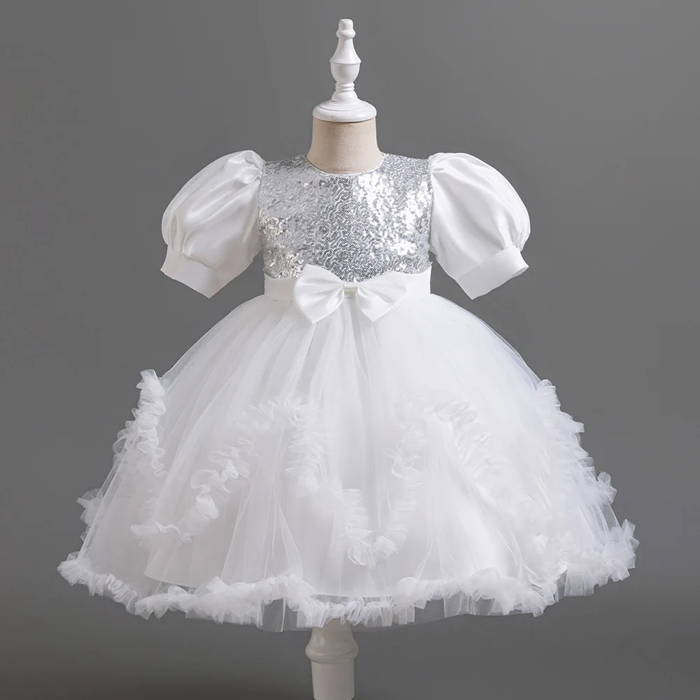 Nuevo vestido de noche para banquete con manga de burbuja para niña de 3 a 10 años, vestido de lentejuelas florales con lazo, fiesta Formal occidental de cumpleaños para niños