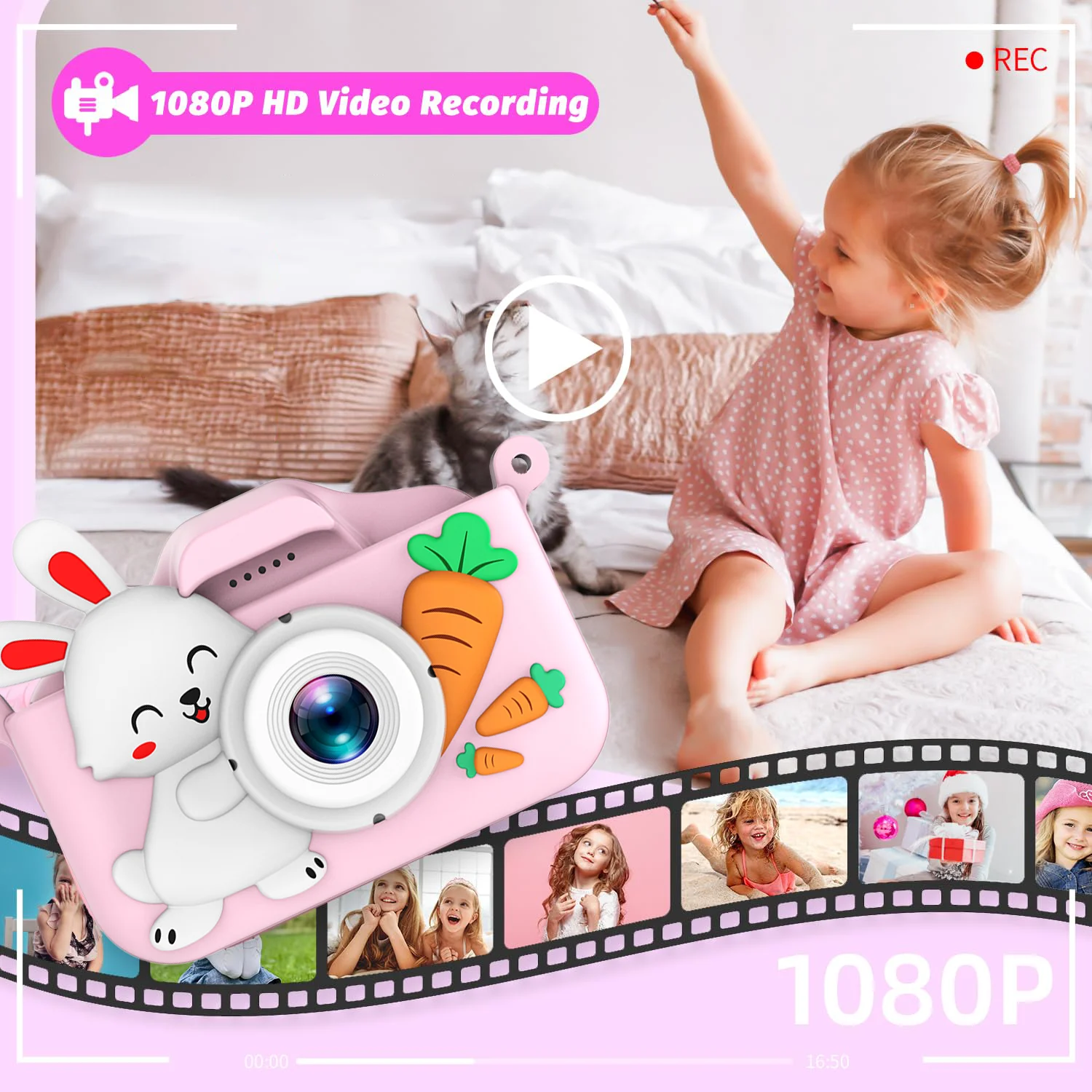 Caméra pour enfants, double caméra, HD 1080P, 48MP avec enregistrement vidéo Cadeau d'anniversaire parfait pour les enfants Idéal Noël, Halloween ou Bir