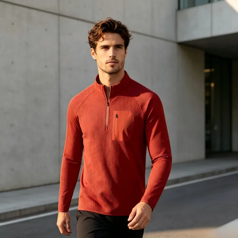 Herren Langarm-T-Shirt mit halbem Reißverschluss, atmungsaktiv, schnelltrocknend, knitterfrei, strapazierfähig, mit dekorativer Tasche, Herbstmode, neue Herrenbekleidung – Detail 11