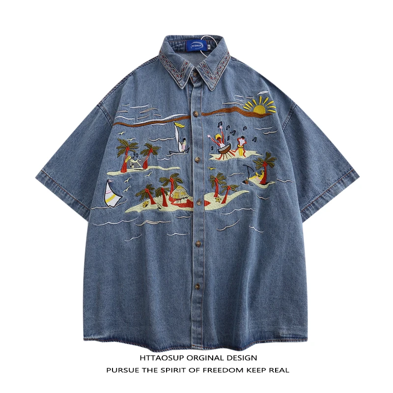 

Loose Fit Men's Denim Short Sleeve Shirt Summer Casual Embroidered Vintage Style Japanese Fashion Cotton 100% Sharp Point Collar