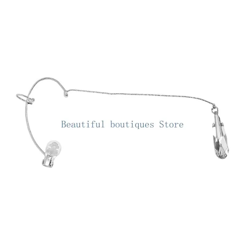 U4LF Decorative Ear Cuff with Faceted Teardrop Ornament, Connecting Chain and Curved Alloy Wire, Single-Cuff Jewelry