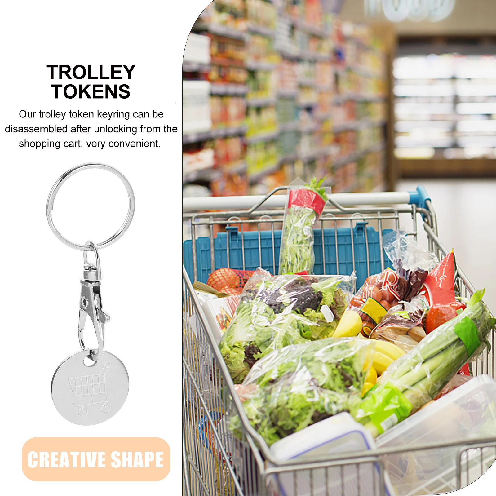 4 buah keranjang belanja gantungan kunci koin Token cincin Tokens Stainless Steel Trolley Token Keyrings pemegang gantungan kunci