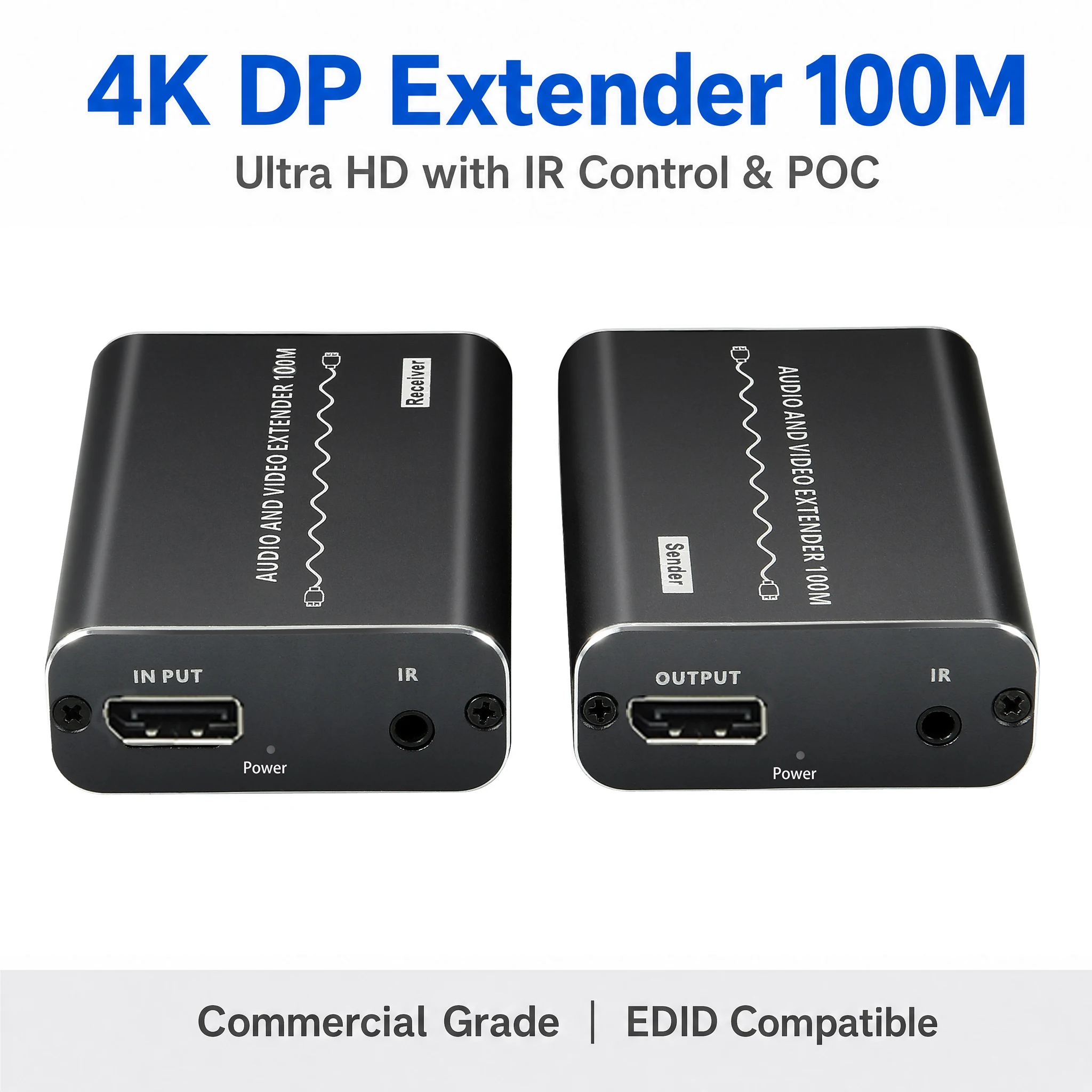 DP Extender 100M Over Cat5e Cat6 Ethernet 4KX2K DP Audio Video Extender Transmitter Receiver Set POC IR Remote Control EDID