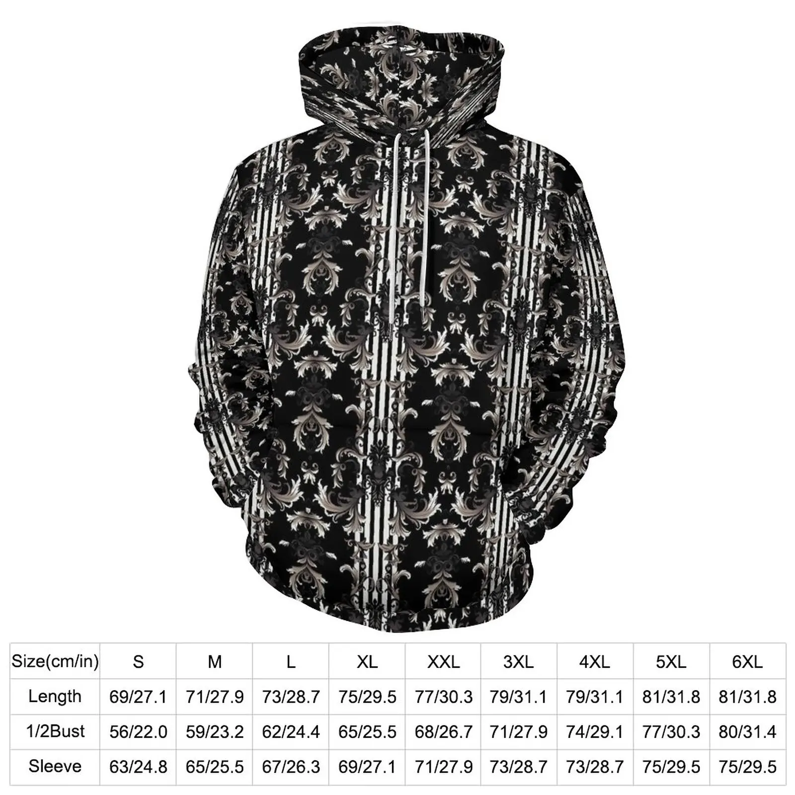 Baroque Print Casual Hoodies Long-Sleeve Black and White Floral Y2k Pullover Hoodie Winter Street Style Oversize Sweatshirts