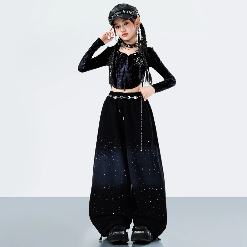 Moda dziecięca streetwear hiphop taniec rap ubrania dziewczęce hip hop koszulka z długim rękawem spodnie zestaw strój na występy sceniczne dla dzieci
