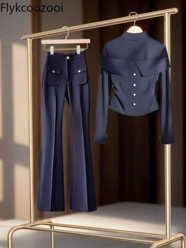 Navy Blue High-grade Shirt Top Light Luxury with Bell-bottom Pants Two-piece Set 2024 Autumn and Winter New Fashion Suit